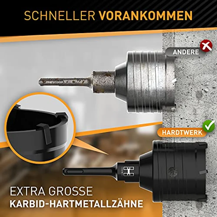 HARDTWERK Turbo Bohrkrone 68mm SDS Plus, hammerschlagfester Dosenbohrer mit XXL Karbid-Hartmetallzähnen für Mauerwerk, Beton und Trockenbau – Bild 4