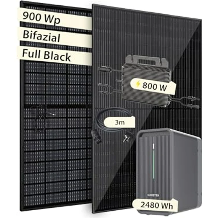VALE Solaranlage Komplettset Bifazial, 900 Wp mit Marstek Solarspeicher (2.480 Wh) & Mikro-Wechselrichter, Full Black, App-Steuerung, für Balkonkraftwerk – Bild 1