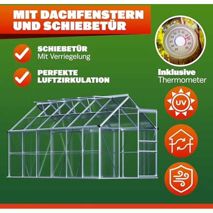 Gardebruk® Gewächshaus Aluminium 7,2m² 380x190cm, inklusive 4 Dachfenster, isolierende Hohlkammerstegplatten, optimaler Luftzirkulation, ideal für Pflanzenanzucht – Bild 5