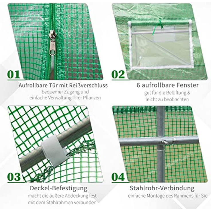 Outsunny Foliengewächshaus Tomatengewächshaus Treibhaus Folientunnel Frühbeet mit Fenster Grün 445 x 190 x 200 cm – Bild 5