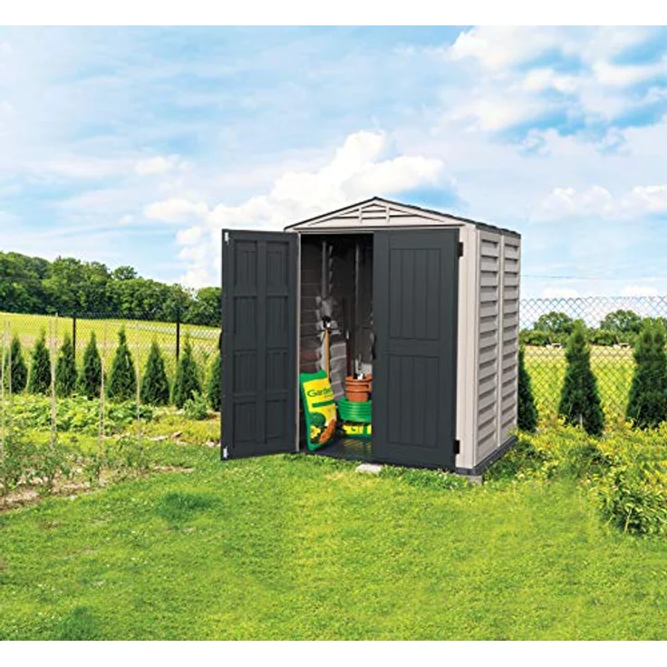 Duramax YardMate PLUS 5 x 5 (2.92 m²) Kunststoff gerätehaus mit robustem Kunststoffboden, Dachkonstruktion aus robustem Metall, feuerhemmend und wartungsfrei, Dunkelgrau und Adobe – Bild 3