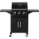 Outsunny Gasgrill BBQ mit 3 Brennern je 3 kw mobiler Grillwagen mit 4 Rädern Grillnetz Seitentischen Druckminderer Schläuche Schrank Multifunktion Stahl Schwarz 121 x 55 x 109 cm