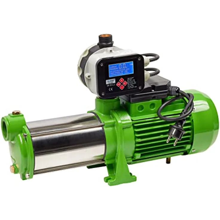 CHM GmbH® Kreiselpumpe 1,1 Kw Edelstahl 5400 L/h, 6,5 Bar Gartenpumpe mit Druckschalter, Trockenlaufschutz - Robuste Edelstahl Welle, mehrstufige Kreiselpumpe 6 x Edelstahl Schaufelräder, einstellbarer Ausschalt- und Einschaltdruck, 1 Zoll IG, LCD Display, in original Karton, Deutsch/Englisch, blau – Bild 1