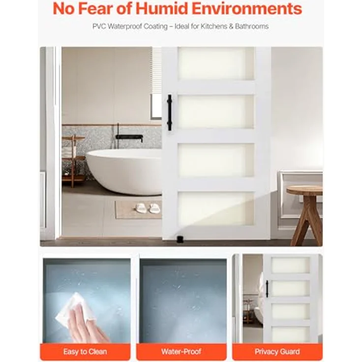 VEVOR Schiebetür im Scheunenstil, 914 x 2134 mm, MDF & Milchglas, wasserfeste PVC-Oberfläche, H-Rahmen für Badezimmer – Bild 4
