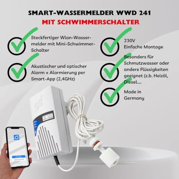 Schabus WWD 241 Smart Wassermelder, akustischer Alarm (90 dB), optische Warnung, WLAN-Anbindung, für Wasser & Öle, einfache Installation – Bild 2