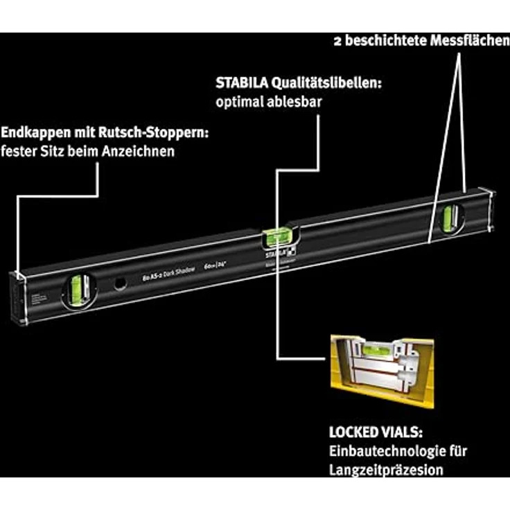 STABILA Wasserwaagen-Set 80 AS-2 Dark Shadow, 2-teilig: 60 cm, 120 cm - Aluminium-Profil, fluoreszierende Qualitätslibellen, LOCKED VIALS-Technologie – Bild 4