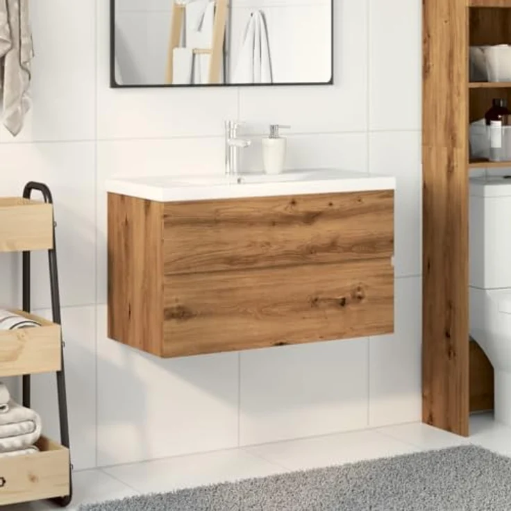 vidaXL Waschbeckenunterschrank Artisan-Eiche, Unterschrank mit Einbaubecken und Wandmontage, Badschrank mit viel Stauraum – Bild 2