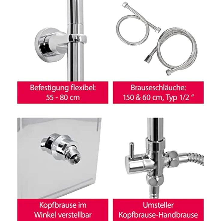 'aquaSu® Basic Duschsystem 914 | Ø 7,5 cm Handbrause mit Regenstrahl | Ø 20 x 20 cm Kopfbrause | Anti-Kalk | Wassersparend | 95 cm Duschstange | Metall-Brauseschläuche Typ 1/2 ' | Chrom | 72791 4 – Bild 4