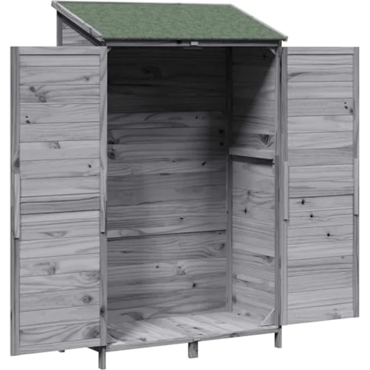 vidaXL Gartenschuppen Grau 106,5 x 56 x 176 cm, Massivholz aus Fichte mit wasserfestem Schindeldach und Lüftungsschlitzen – Bild 7