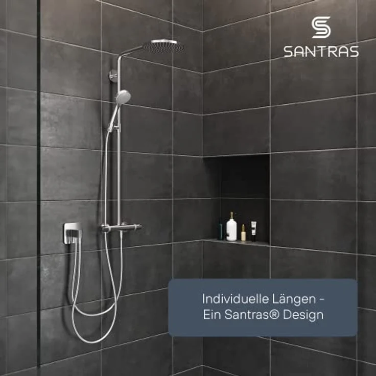 SANTRAS® Duschschlauch PREMIUM Chrom 0,50 m MADE IN GERMANY mit Wassersparer – Besonders flexibel und verdrehsicher mit DURCHFLUSSBEGRENZER – Brauseschlauch in Edelstahloptik aus Easy Clean Material – Bild 2