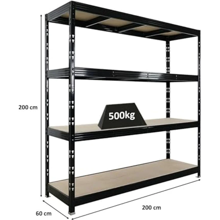 PROREGAL Rhino EXTRA BREIT, Schwerlastregal schwarz mit 500 kg Fachlast, HxBxT 200x200x60cm, 4 höhenverstellbare 16mm Spanplatten-Ebenen, robustes Garagen- und Lagerregal – Bild 2