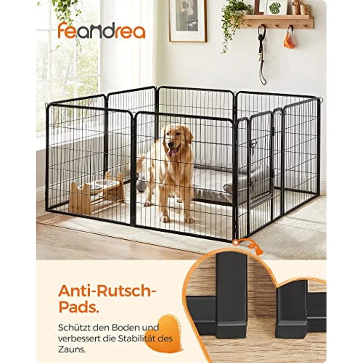 Feandrea Freilaufgehege Hund, Hundelaufstall DIY, 8 Gitterplatten je 77 x 80 cm, 2 L-förmige Riegel, transportabel, Hundezaun, für innen und Outdoor, extra große Hunde, schwarz PPK88H – Bild 2
