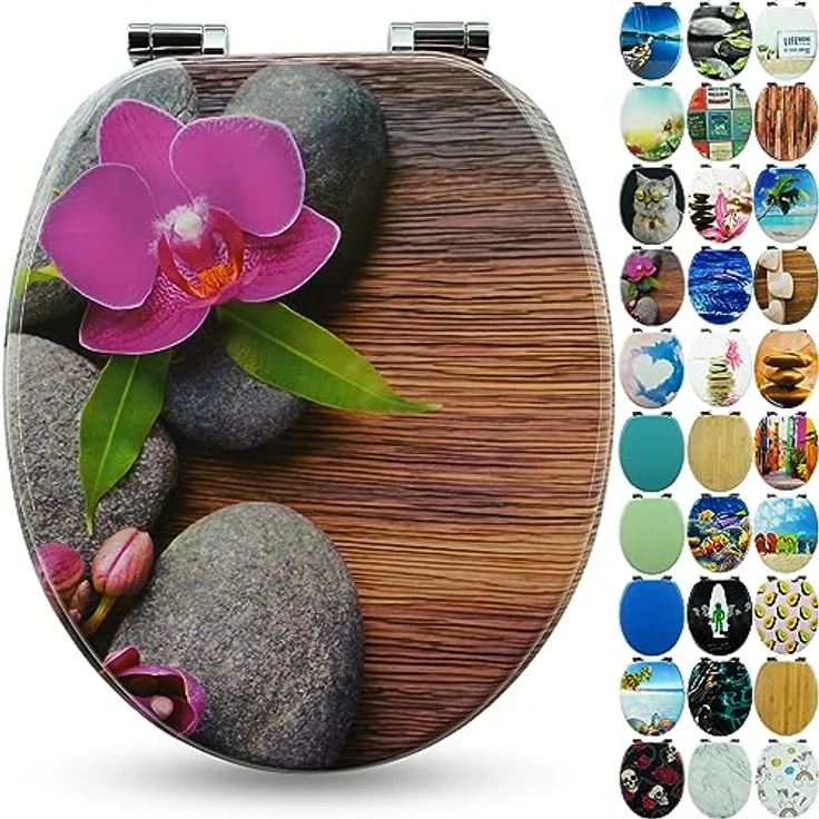 Sanfino WC Sitz Orchid, Toilettendeckel aus Holz mit Absenkautomatik, braun mit Motiv – Bild 1