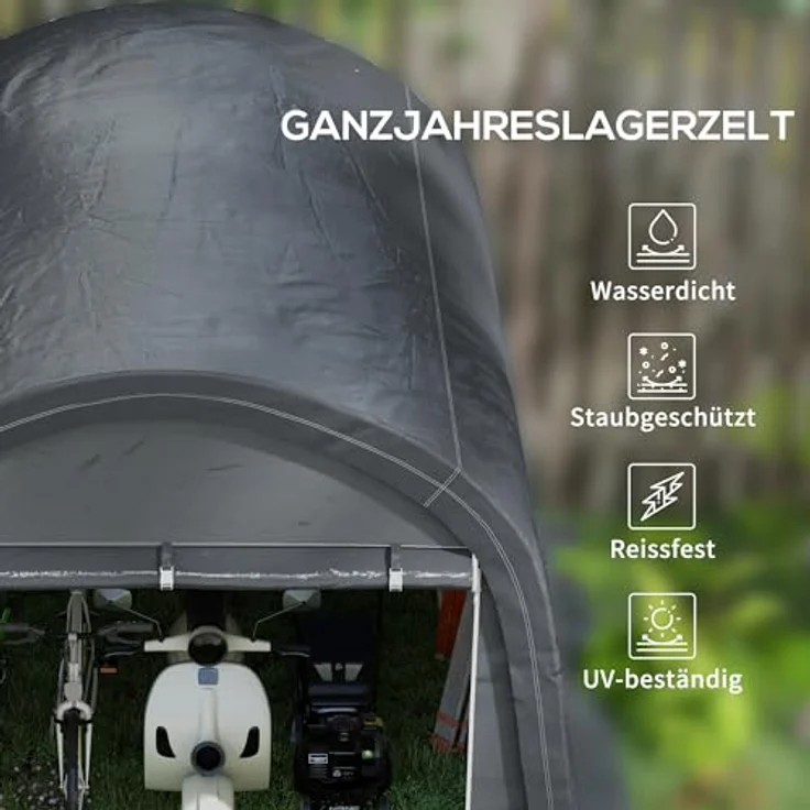 Outsunny Foliengerätehaus, 3 x 3 m Gerätehaus mit UV-Schutz, Wasserabweisend Lagerzelt, Foliengarage mit Zwei Rolltor für Garten, Balkon, Stahl, PE, Grau – Bild 3