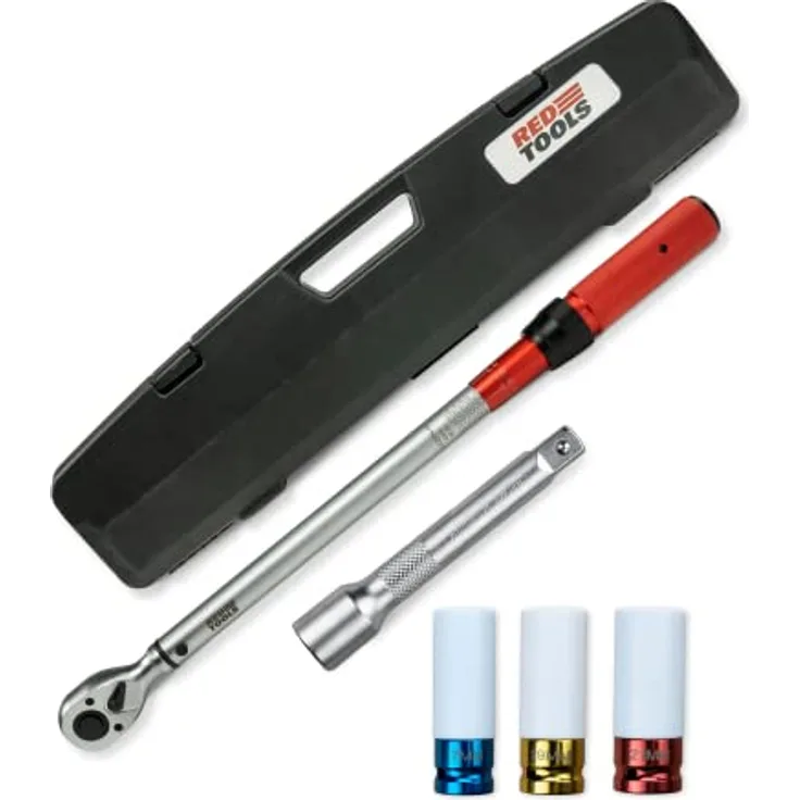 Red Tools Drehmomentschlüssel, Stecknüsse & Aufbewahrungs-Koffer - 40-220 Nm 1/2 Zoll Antrieb - Radmutternschlüssel für Auto, Fahrrad, Motorrad