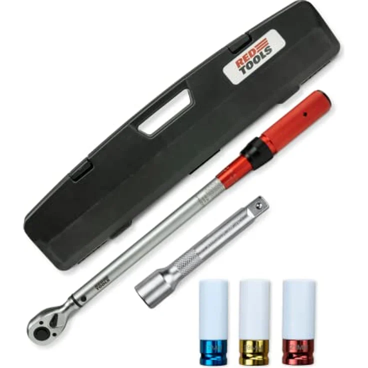Red Tools Drehmomentschlüssel, Stecknüsse & Aufbewahrungs-Koffer - 40-220 Nm 1/2 Zoll Antrieb - Radmutternschlüssel für Auto, Fahrrad, Motorrad – Bild 1