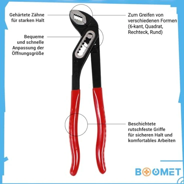 BOOMET Wasserpumpenzange 300mm, Robuste Zange für präzises Greifen und Halten, Ideal für Armaturen und Rohrarbeiten – Bild 3