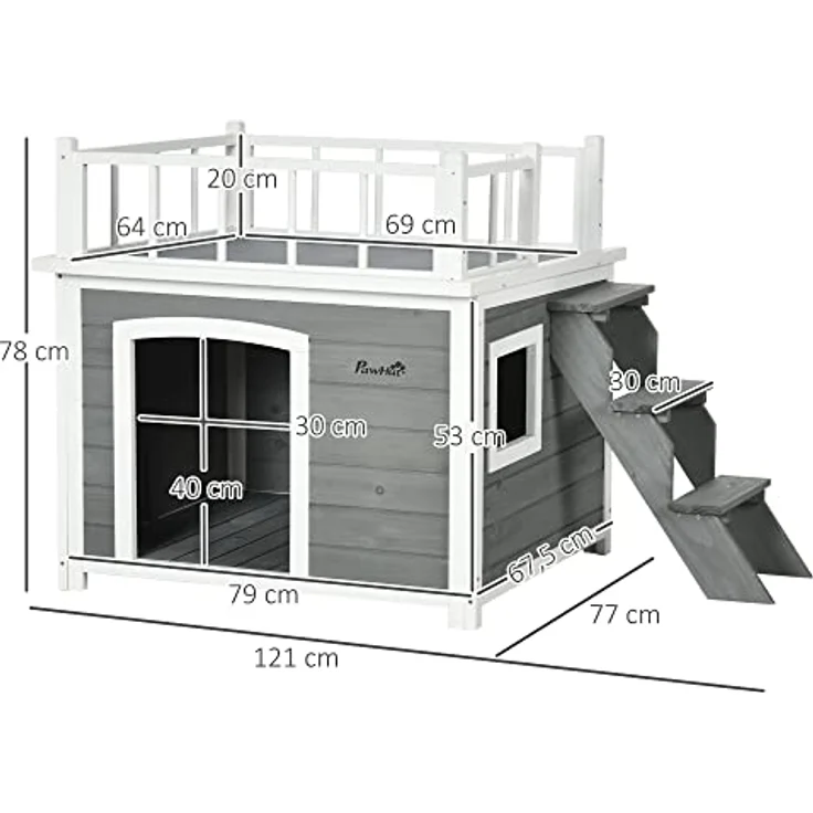 PawHut Hundehütte Hundehaus mit Balkon, Erhöhtes Kleintierhaus mit Treppe, Fenster, Hundehöhle für Mittele, Große Hunde, Tannenholz, Hellgrau, 121 x 77 x 78 cm – Bild 3