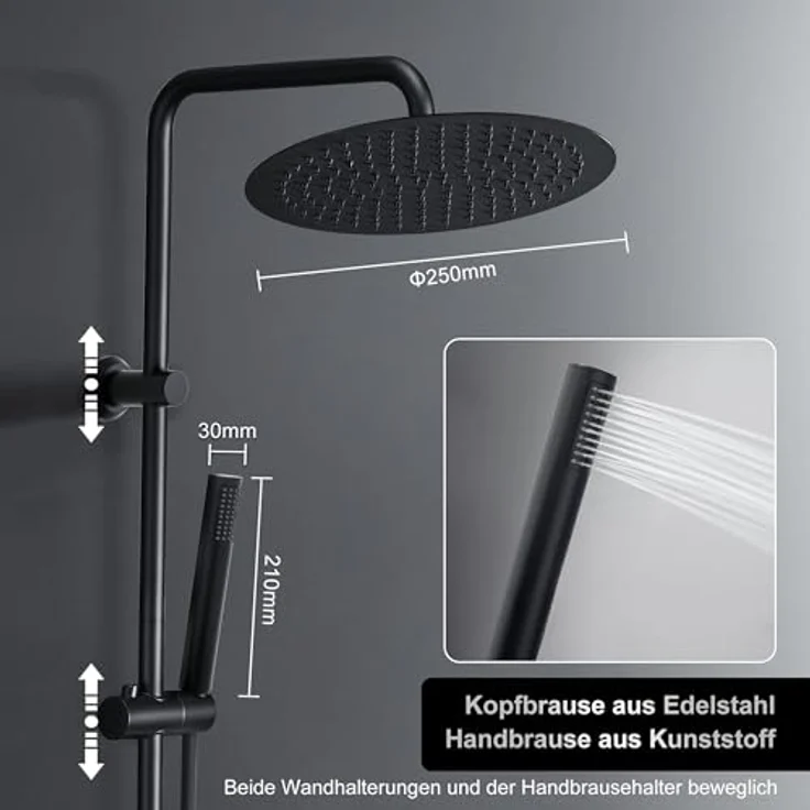 Görbach Edelstahl Duschset Regendusche ohne Armatur, Duschsystem mit verstellbarer Duschstange, Kopfbrause 25 cm und Duschablage in Schwarz – Bild 3