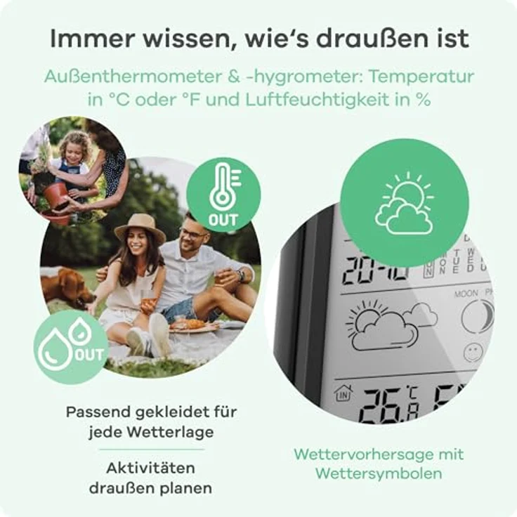 MEBUS Wetterstation 40687, funkgesteuert mit Außensensor, Thermometer/Hygrometer, Funkuhr, Wohlfühlindikator, Wettervorhersage, Mondkalender, Wecker, Farbe: Schwarz – Bild 3