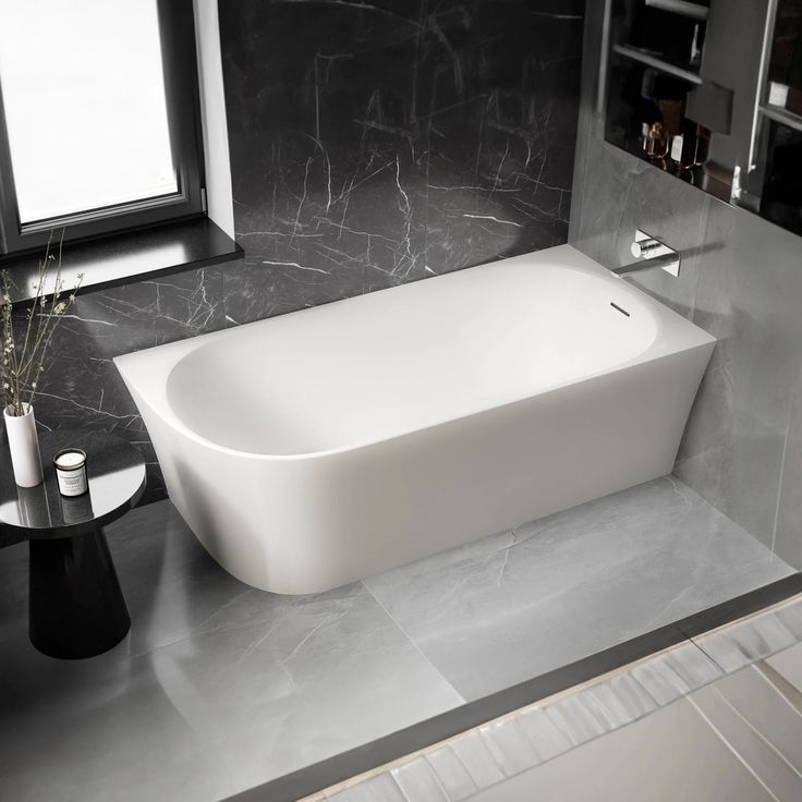 Bernstein NORA CORNER, Halb freistehende Raumsparbadewanne aus Acryl, Weiß Matt, 170x80 cm, Einbau Rechts, doppelwandig, inkl. Ab-/Überlaufgarnitur und Siphon