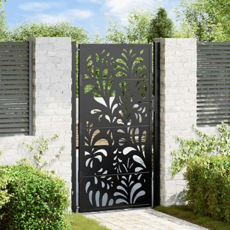 vidaXL Gartentor Schwarz 105x180 cm Stahl Wellen-Design Metall Abschließbar – Bild 2