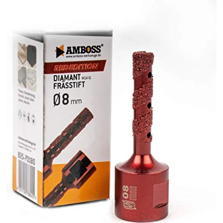 Amboss RED EDITION M14 Diamant Bohrkrone - für Winkelschleifer - Feinsteinzeug, harte Fliesen, Granit/Die ideale Trockenbohrkrone (Ø 8 mm (Schleiffinger))