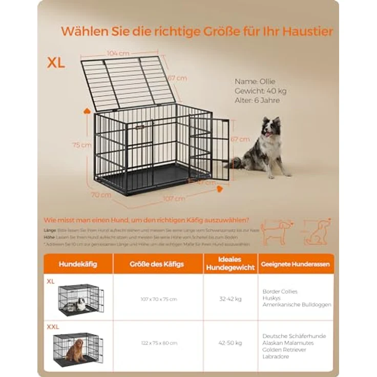 Feandrea Hundekäfig hochbelastbar, Hundebox, 107 x 70 x 75 cm, für mittelgroße und große Hunde, mit herausnehmbarer Bodenschale, Doppeltüren, leicht zu reinigen, tintenschwarz – Bild 4