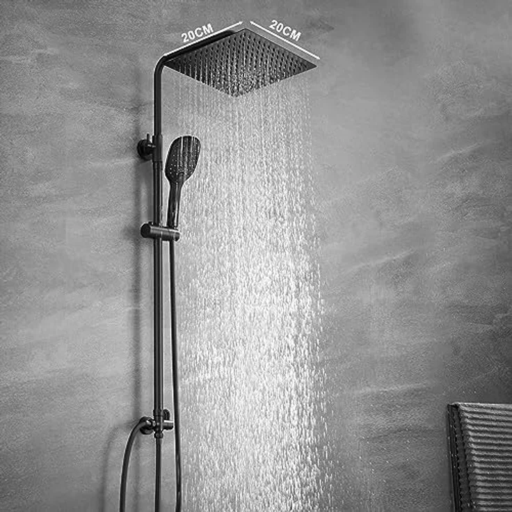 JOHO Regendusche Duschsystem ohne Armatur, Edelstahl Duschset mit 20x20cm Kopfbrause, schwarz, wassersparend – Bild 2