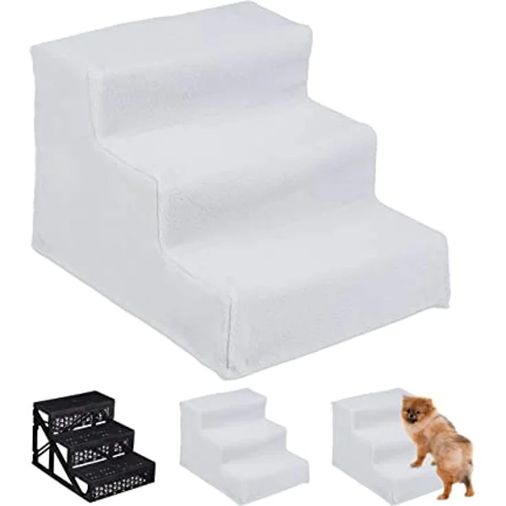 Relaxdays Hundetreppe 3 Stufen, kleine & große Hunde, Bett & Couch, Stoffbezug, Tiertreppe innen, HBT: 30x35x45 cm, weiß – Bild 1