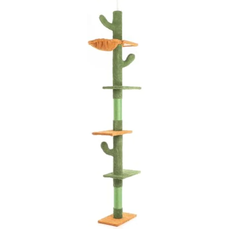 Fudajo Kratzbaum deckenhoch 229–275 cm in Grün, Katzenkratzbaum mit 4 Ebenen, höhenverstellbarer Deckenspanner und Sisal Polsterung – Bild 1