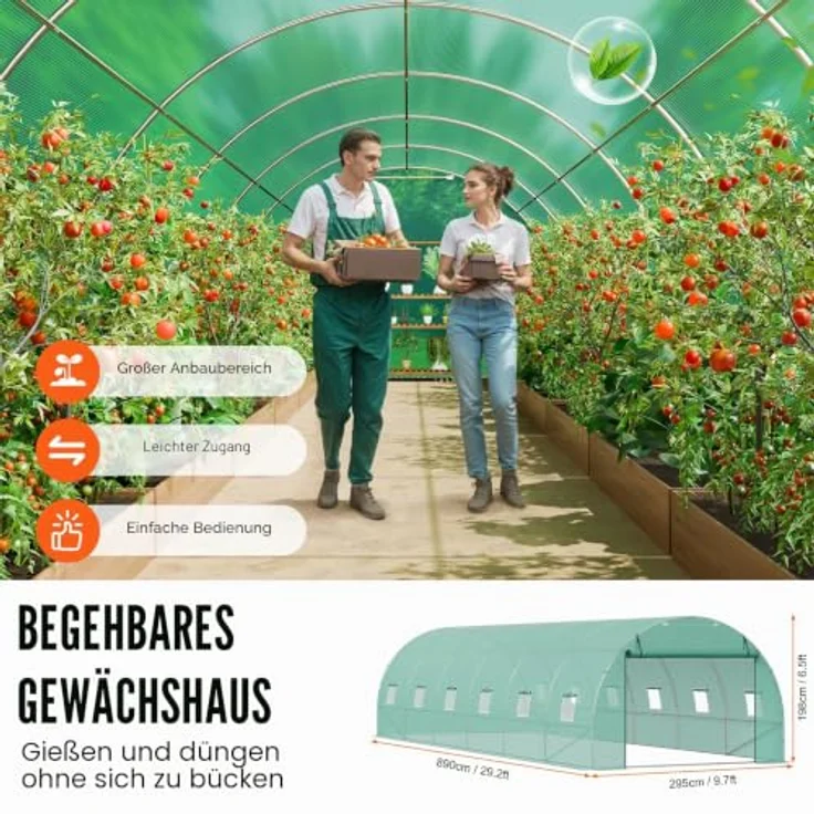 VEVOR Folien-Gewächshaus, 890 x 295 x 198 cm, Tomatengewächshaus mit verzinktem Stahlrahmen, grüner PE-Abdeckung, aufrollbarer Reißverschlusstür und 12 Fenstern für optimale Belüftung – Bild 5