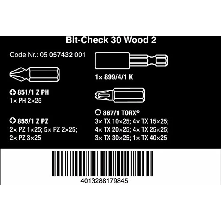 Wera Bit-Check 30 Wood 2 05057432001, 30-teiliges Bit-Set mit Kreuzschlitz Phillips, Kreuzschlitz Pozidriv und Innen-TORX, inklusive Universalhalter mit Edelstahlhülse und starkem Magnet – Bild 2