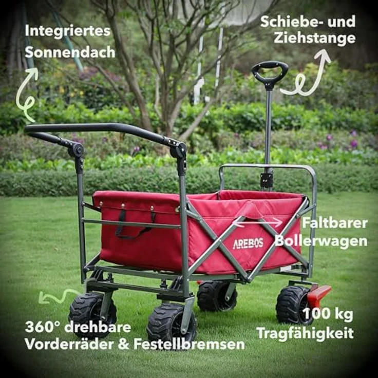 Arebos Bollerwagen faltbar, Transportkarre mit 2 Netztaschen, Vorderrad-Bremsen & Teleskopstange, bis 100 kg Tragkraft, rot – Bild 2