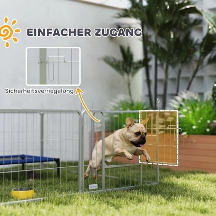 PawHut Welpenlaufstall 8-TLG, flexibles Freilaufgehege mit 8 Gitterplatten, Tür, Erdspießen und Schutzplane, 60 cm hoch, ideal für Hunde, Katzen und Welpen, tragbar für Innen und Außen – Bild 4