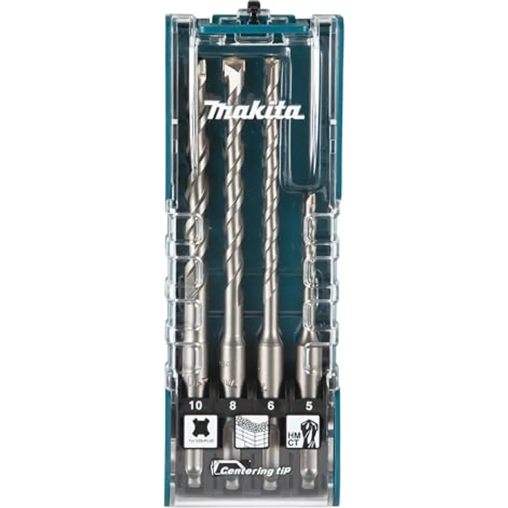 Makita E-13596 Centering tip SDS-PLUS Hammer-Bohrer-Set 4-teilig in Aufbewahrungsbox, Ø 5-10 mm, ideal für Beton und Mauerwerk, Zweischneider, mit Zentrierspitze
