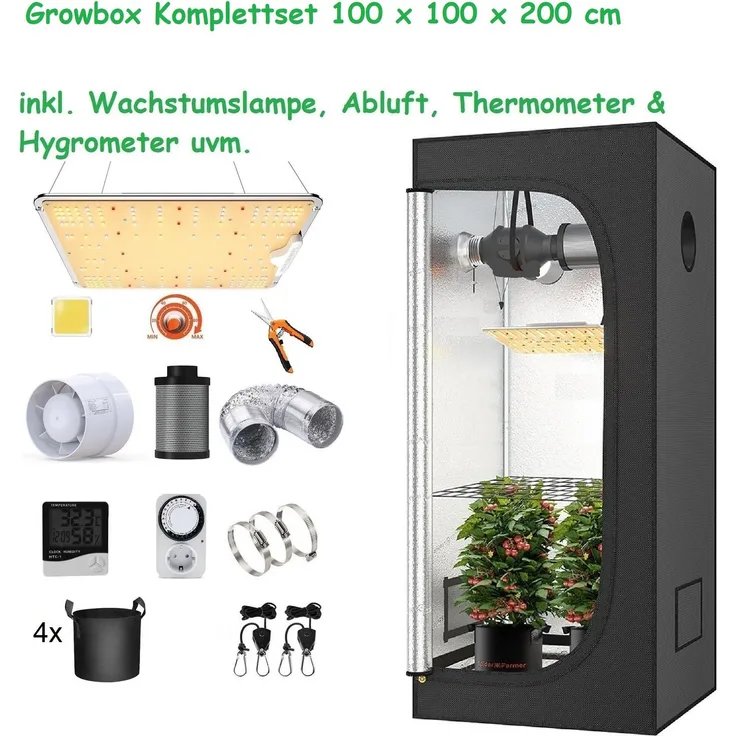 JUNG Gewächshaus Growbox Komplettset Anzuchtset mit Zuchtzelt LED Lampe, BxTxH: 100 x 100 x 200 cm, Cannabis Set Box Pflanze, Grow Box Zelt
