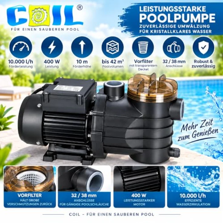 COIL Filterpumpe C0948, Umwälzpumpe mit Vorfilter, 400 W, 10000 l/h, für Pools bis 42 m³, IPX5, 230V/50 Hz – Bild 2