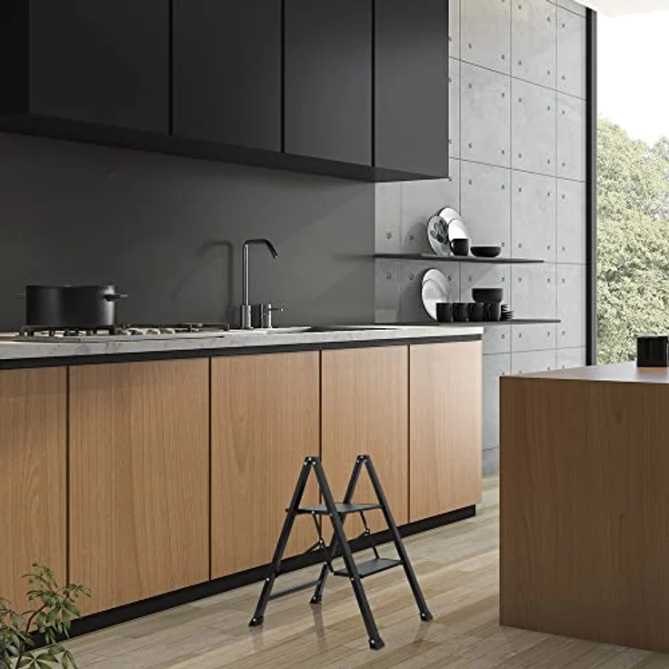 hjh OFFICE 801204 Klapptritt 2 Stufen SOLID W5 Stahl Trittleiter, bis 150 kg belastbar, Tritt klappbar, Schwarz – Bild 4