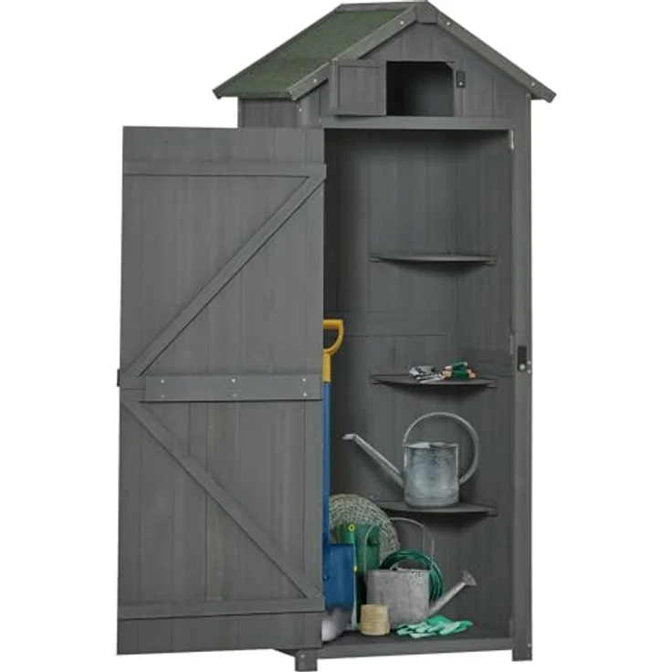 Outsunny Gartenschrank Gartenhaus Gerätehaus Geräteschuppen mit Fachböden Asphaltdach Fenster Holz Grau+Grün 77 x 54,2 x 179 cm – Bild 1