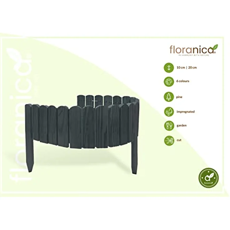 Floranica Rollborder Gartenzaun 103 x 10cm Anthrazit Rasenkante Holz Gartendeko Beeteinfassung Deko Mini Zaun Garten Natürliches imprägniertes Kiefernholz – Bild 2