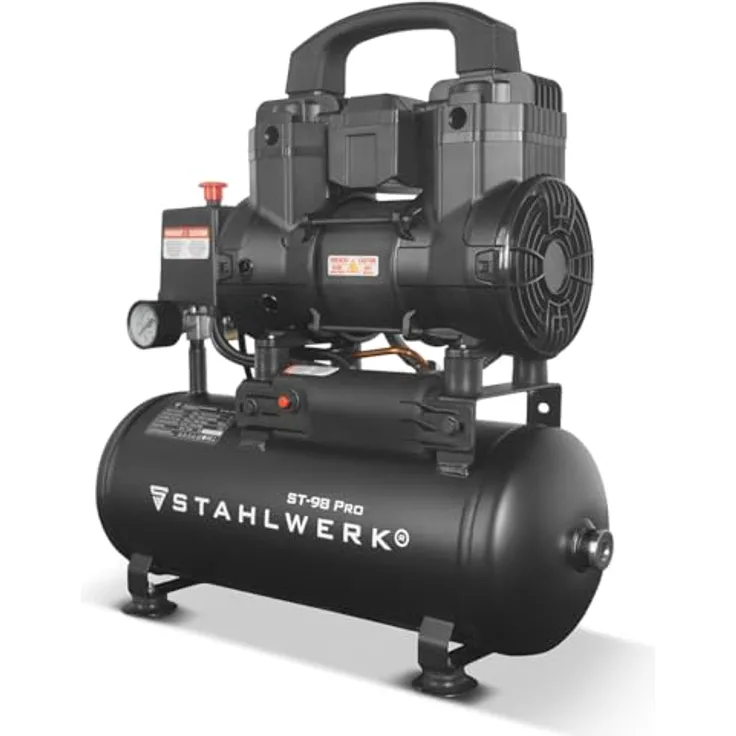 STAHLWERK Kompressor ST-98 Pro, ölfreier Druckluftkompressor mit 8 bar, 9 L Kessel, 170 l/min Durchfluss, 1,22 PS, leise mit 65 dB