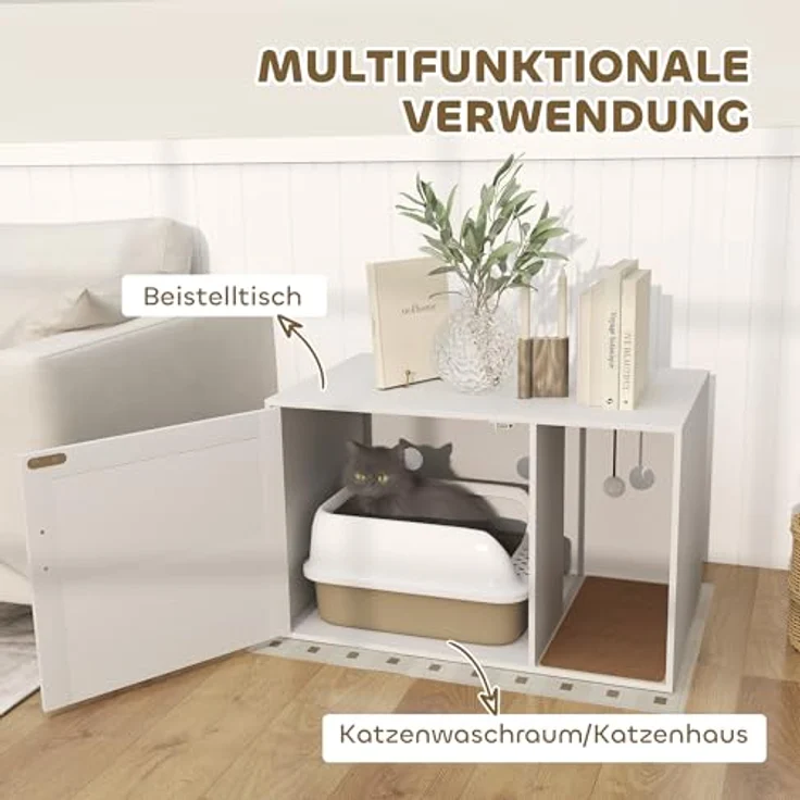 PawHut Katzenklo-Schrank Katzenschrank mit Loch, Katzentoilette mit Tür, Eingang, Kratzpad, 80 x 50 x 50 cm, Weiß, für Katzen bis 6 kg, Boho-Chic Design, Geruchskontrolle – Bild 3