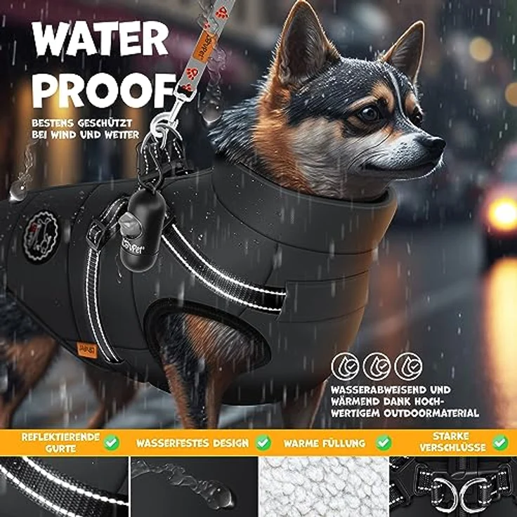 Lovpet Hundejacke Hundemantel mit Geschirr, inkl. 45 Stück Kotbeutel + Spender, Winterweste gefüttert wasserdicht, Gepolsterte Weste Mit Brustgurt, Reflektoren, D-Ring 2XL, Schwarz – Bild 5