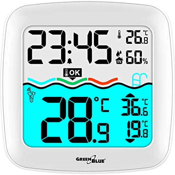 Greenblue GB216 Poolthermometer mit Wetterstation, DCF, kabelloser Wassertemperatursensor, Weiss, Grau – Bild 4
