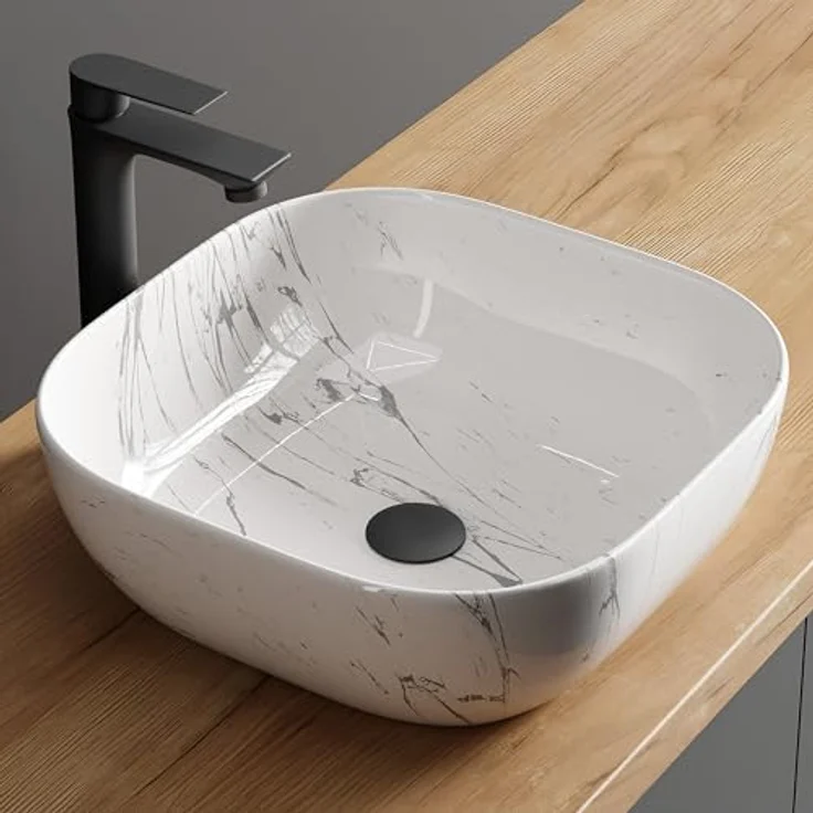 Planetmöbel Aufsatzwaschbecken Aquil, Keramik Waschbecken 42 cm, marmor weiß, quadratisch, ohne Hahnloch und Überlauf – Bild 1