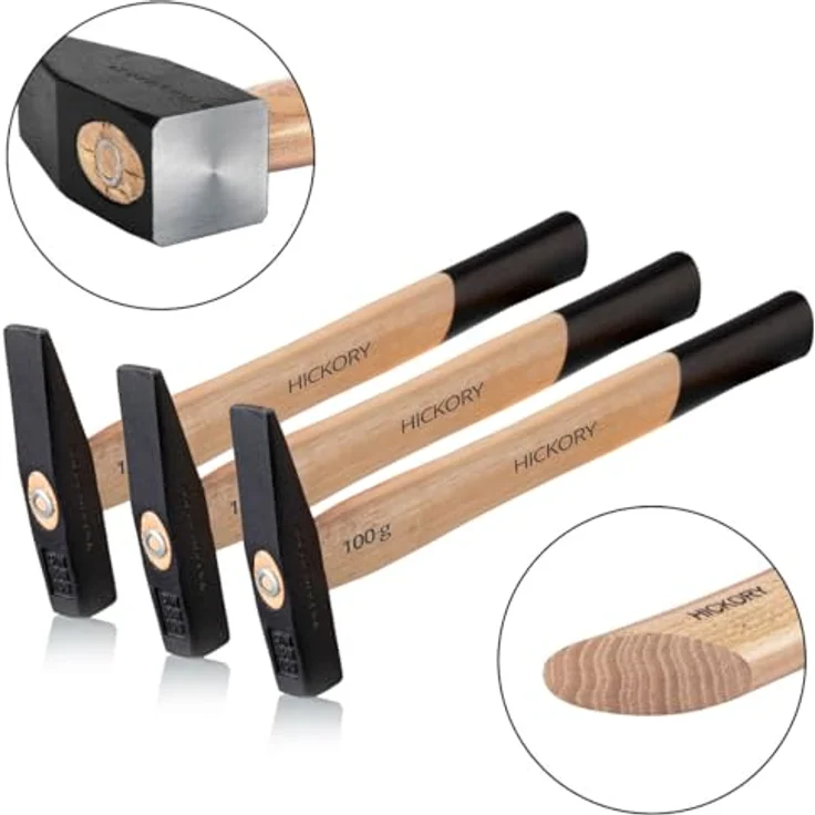 STAHLWERK 3 x Schlosserhammer 100g, geschmiedeter Stahlkopf, vibrationsdämpfender Hickory-Griff, ergonomisch und robust – Bild 2