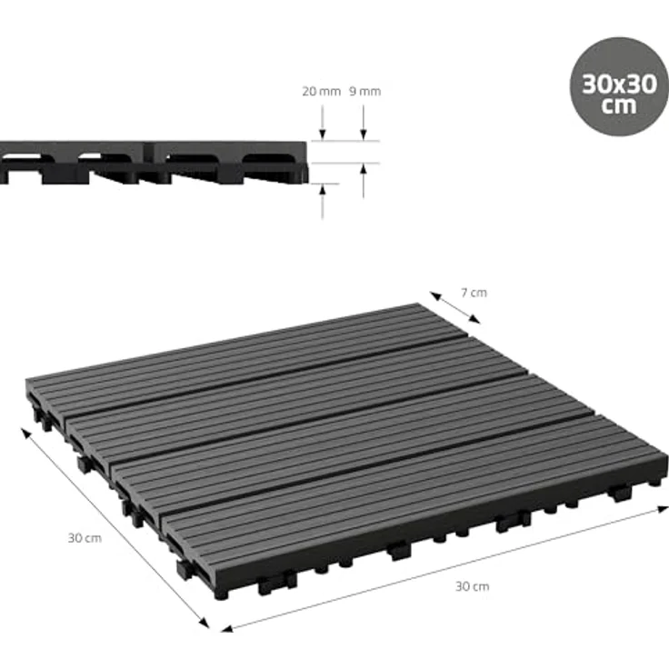 ECD Germany WPC Terrassenfliesen 30x30 cm 22er Spar Set für 2m² Anthrazit in Holzoptik für Garten Balkon Bodenbelag mit Drainage und Klicksystem Terrassendielen Balkonfliesen Klickfliesen Holzfliesen – Bild 8