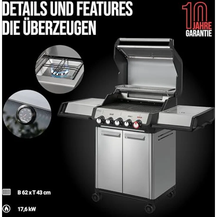 Enders Gasgrill Monroe Pro 3 SIKR Turbo, Edelstahl mit Heat Range, Turbo Zone und Sichtfenster, inkl. leistungsstarkem Seitenkocher – Bild 7