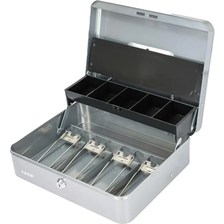 HMF 15230-09 Geldkassette abschließbar mit Münzeinsatz und 4 Scheinfächern, Silber, 30 x 24 x 9 cm, inkl. Tragegriff und Zylinderschloss – Bild 1